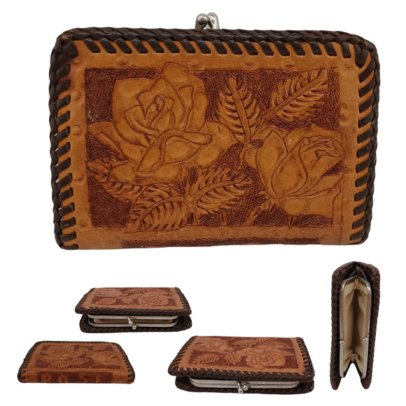 VTG Ladies Hand Tooled Leather Clutch Wallet Coin Purse Rose Design 5"x3.75"x1" - Picture 1 of 10